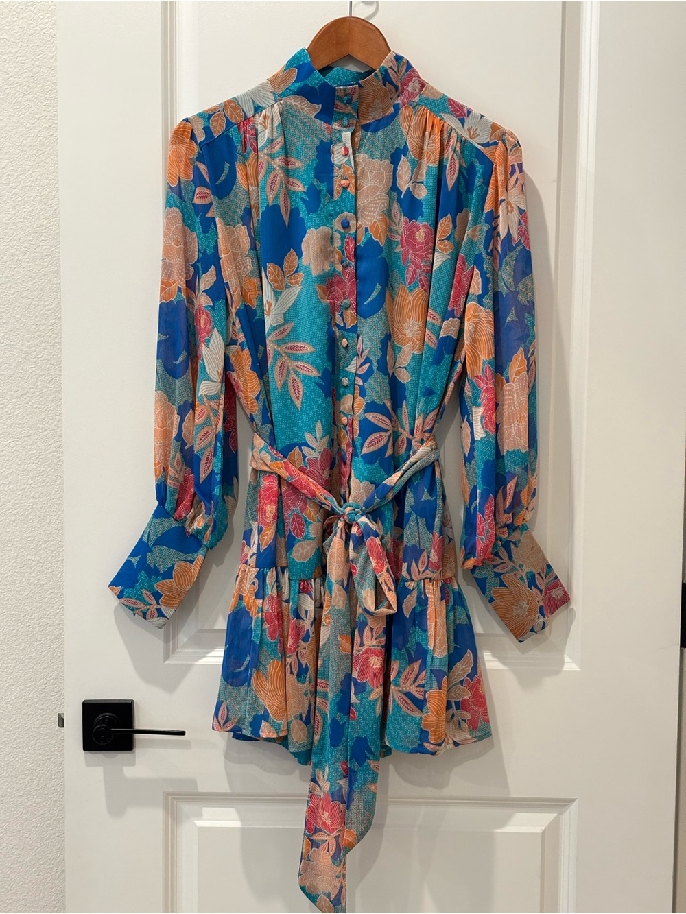 Fate Blue Floral Tie-Waist Long Sleeve Dress